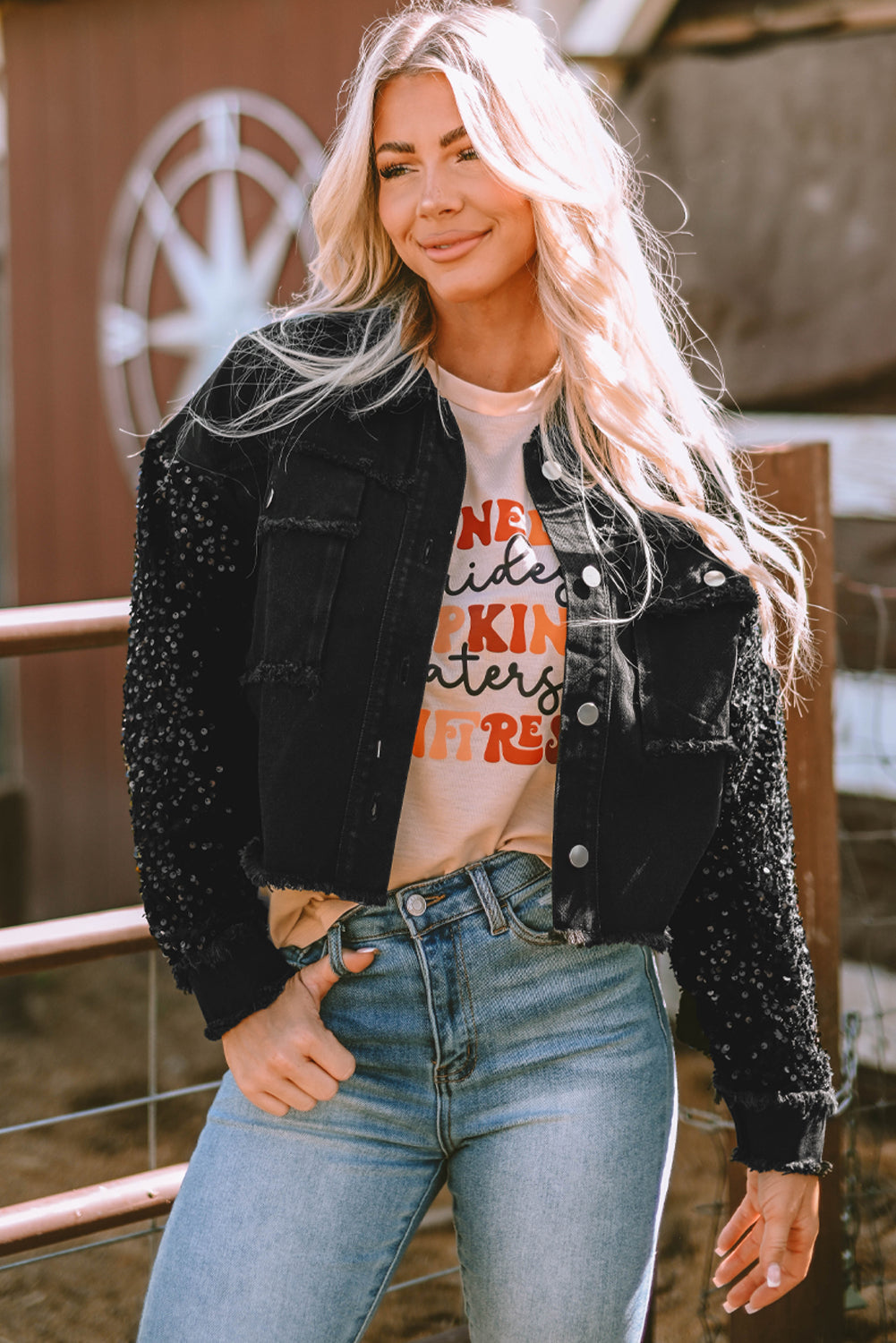 Rare Tour Sequin Sleeve Raw Hem Denim Jacket