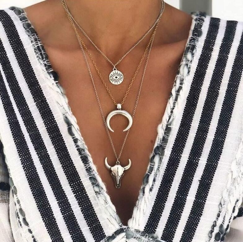 Alloy Three Layered Bullhead Pendant Necklace