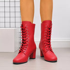 Victoria lace-up block heel granny boots in red, front view