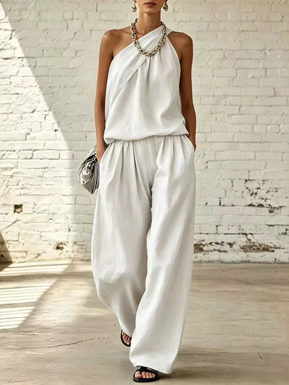 Vivienne Sleeveless Top and Wide-Leg Pants Set in White by Pinup Girl Clothing