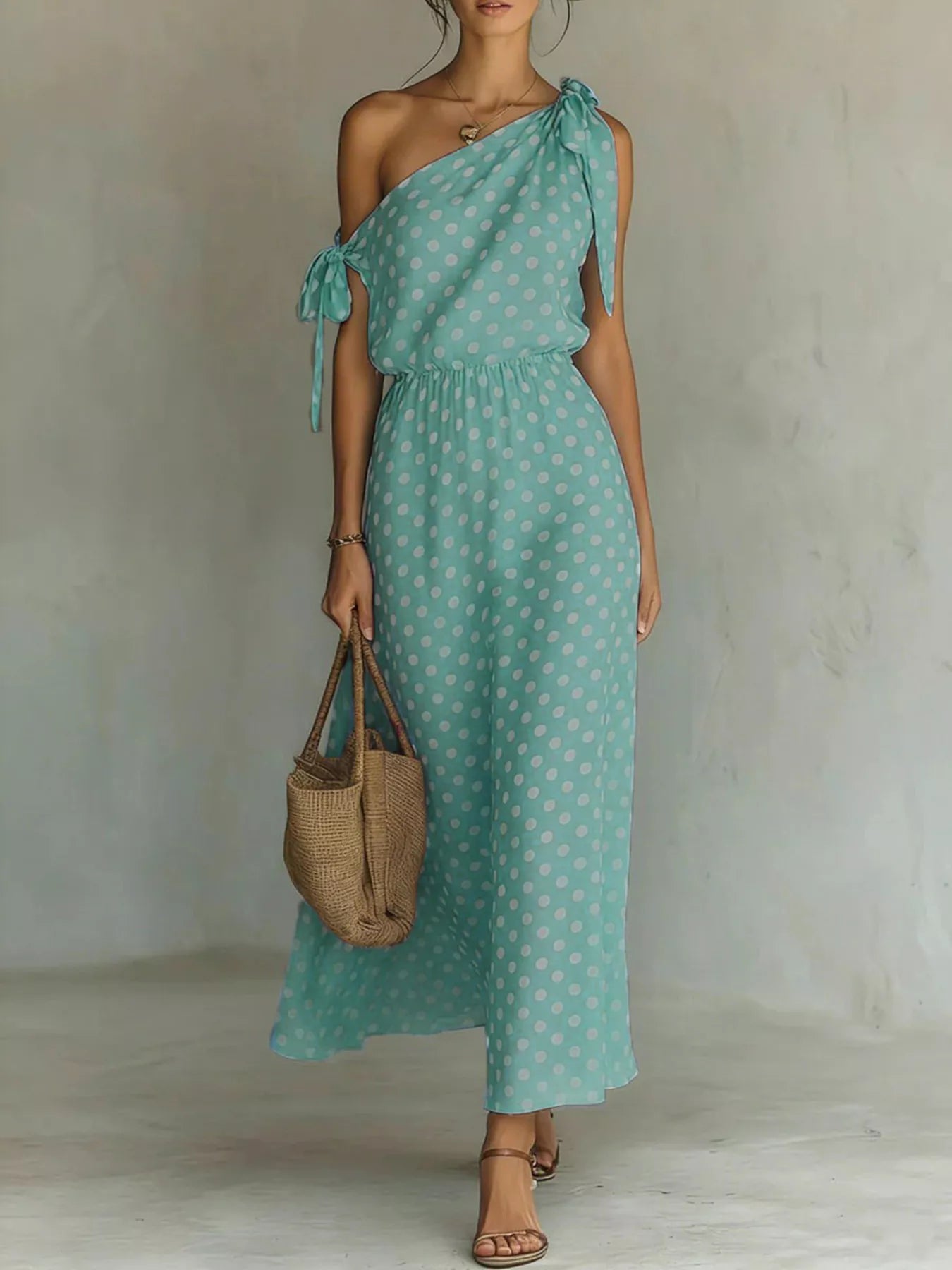 Dorothea one-shoulder polka dot midi dress in sage green by Pinup Girl Clothing