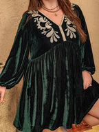 Embroidered V-Neck Long Sleeve Dress | Poundton