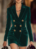Model in the emerald green velvet double-breasted blazer mini dress with gold-tone buttons, by Pinup Girl Clothing