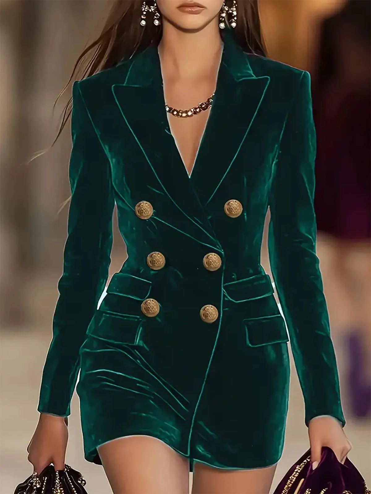 Model in the emerald green velvet double-breasted blazer mini dress with gold-tone buttons, by Pinup Girl Clothing