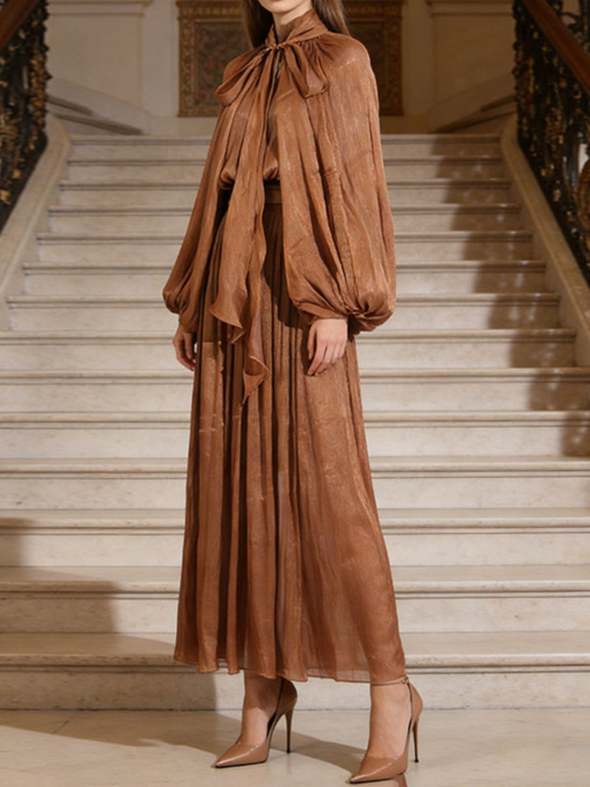 Golden Hour Tie-Front Balloon Sleeve Maxi Dress in chocolate brown by Pinup Girl Clothing