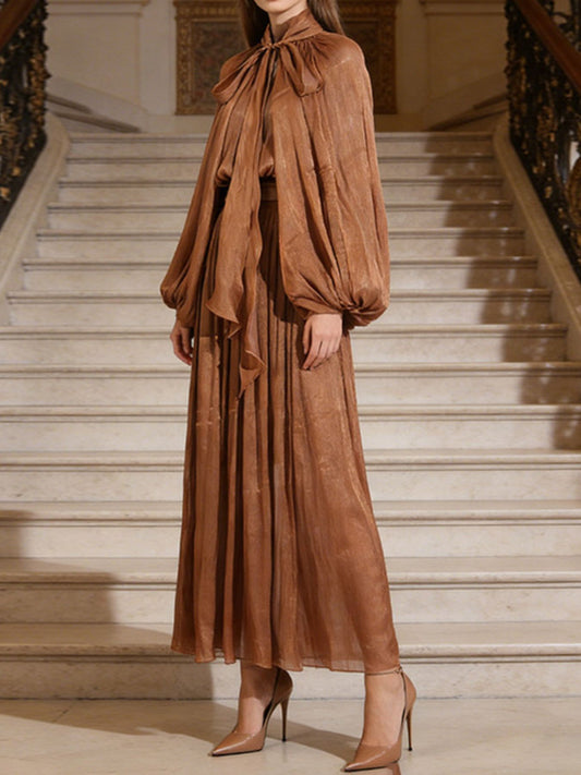 Golden Hour Tie-Front Balloon Sleeve Maxi Dress in chocolate brown by Pinup Girl Clothing