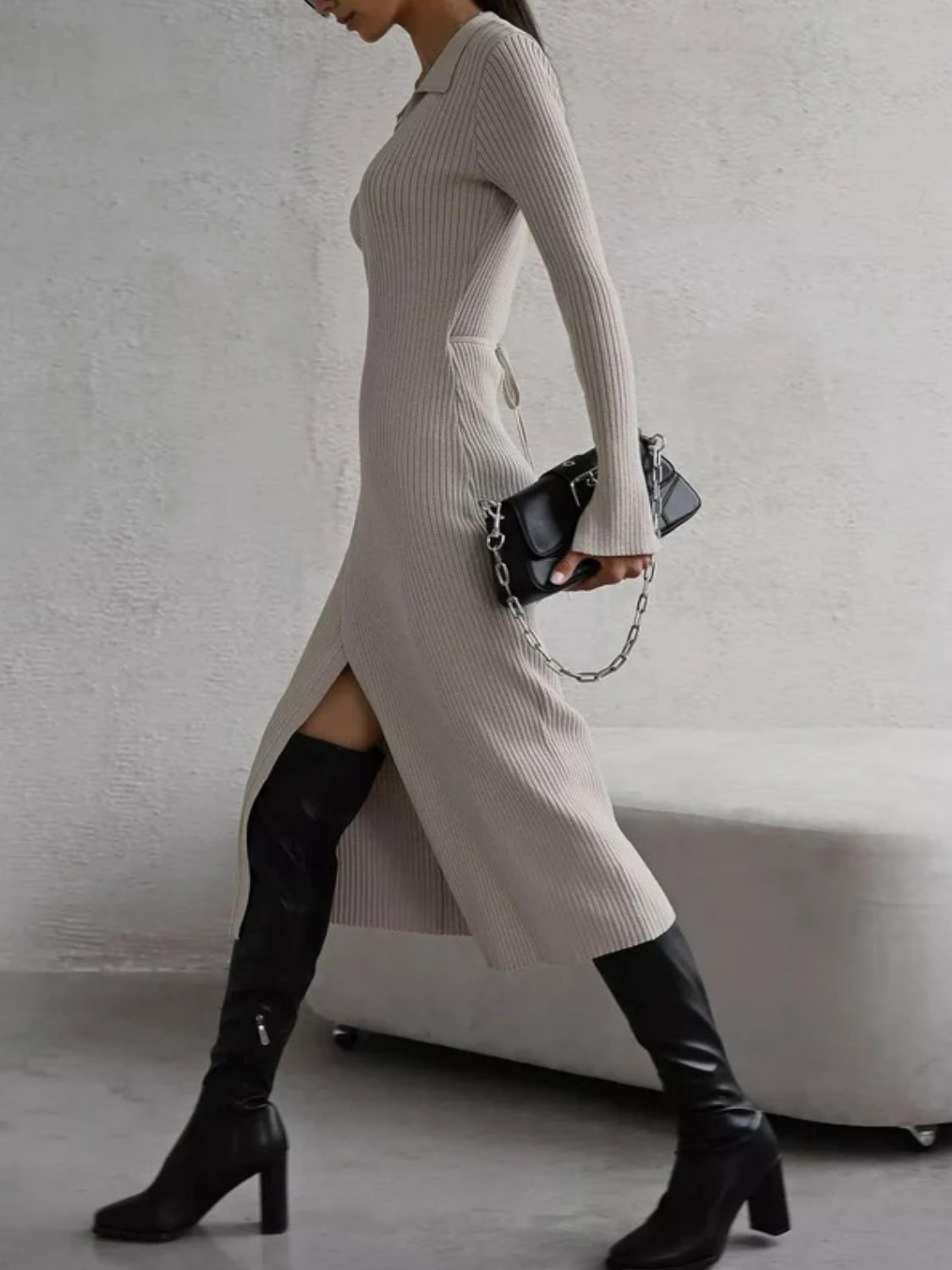 Maya Tied Collared Neck Long Sleeve Sweater Dress | 3 Colors