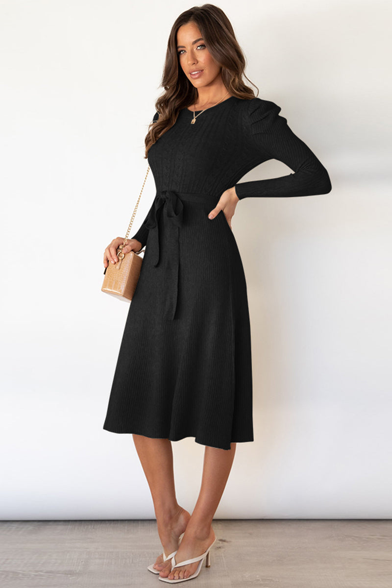 Daniela Round Neck Long Sleeve Tie Waist Sweater Dress | 5 Colors