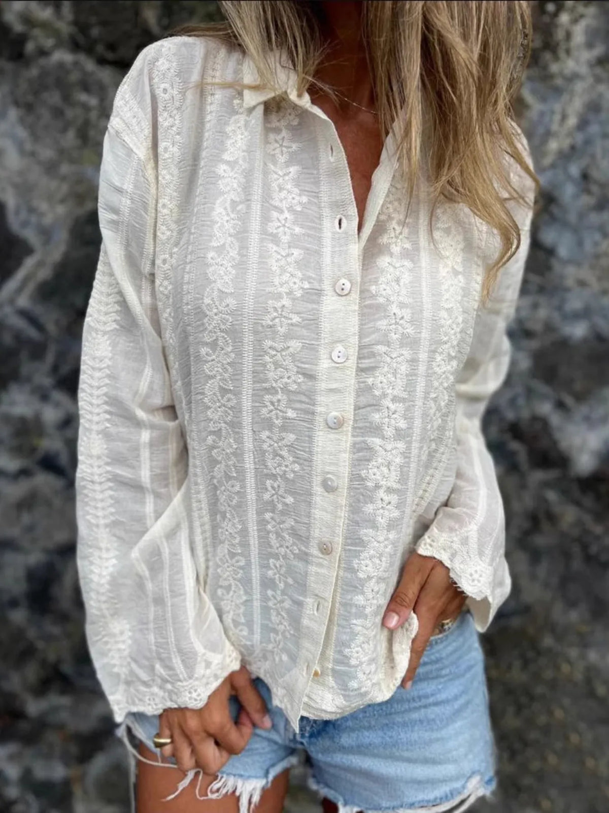 Floral embroidered button-up top for beach to dinner, by Pinup Girl Clothing, sizes XS to 4X.