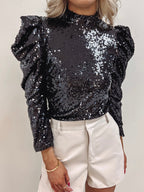 Mali Bubble Sleeve Sequin Top in Black