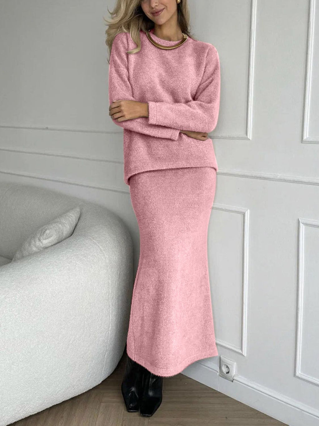 Mia Round Neck Dropped Shoulder Top and Midi Skirt Knit Set | 5 Colors