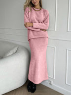 Mia Round Neck Dropped Shoulder Top and Midi Skirt Knit Set | 5 Colors