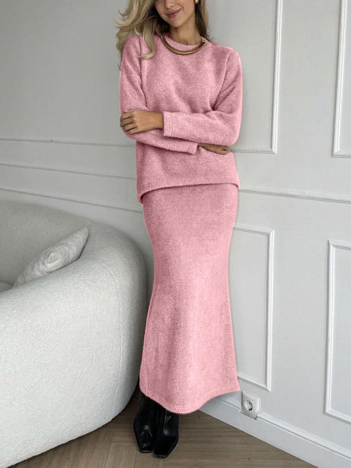 Mia Round Neck Dropped Shoulder Top and Midi Skirt Knit Set | 5 Colors