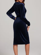 Round Neck Tie Waist Long Sleeve Velvet Dress | 4 Colors | Poundton