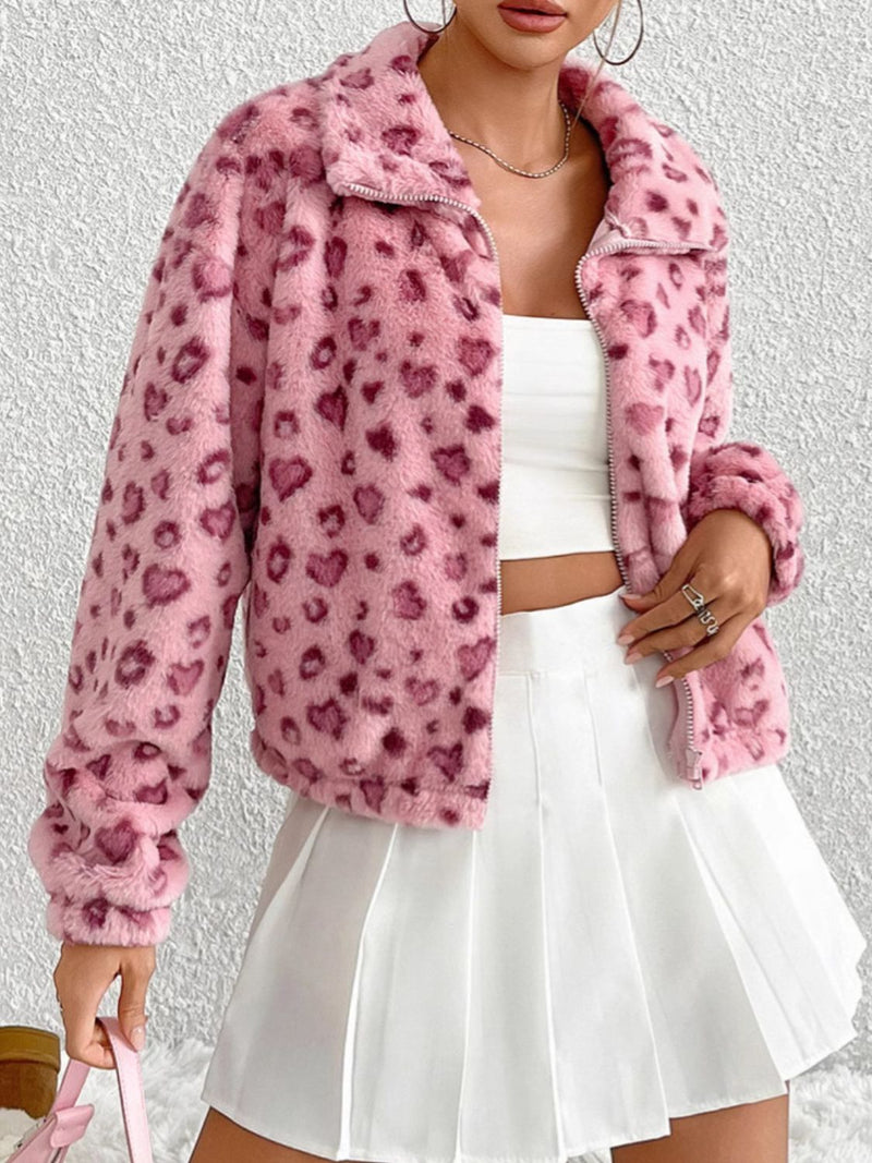 Rosa Leopard Zip Up Long Sleeve Furry Jacket