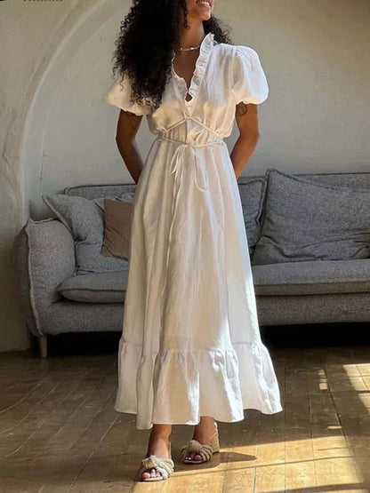 Rocco ruffled puff sleeve maxi dress in white by Pinup Girl Clothing
