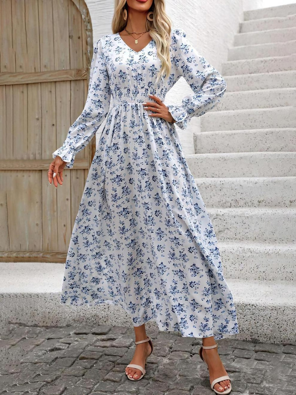 Gianna Smocked Printed V-Neck Flounce Sleeve Dress | 4 Colors
