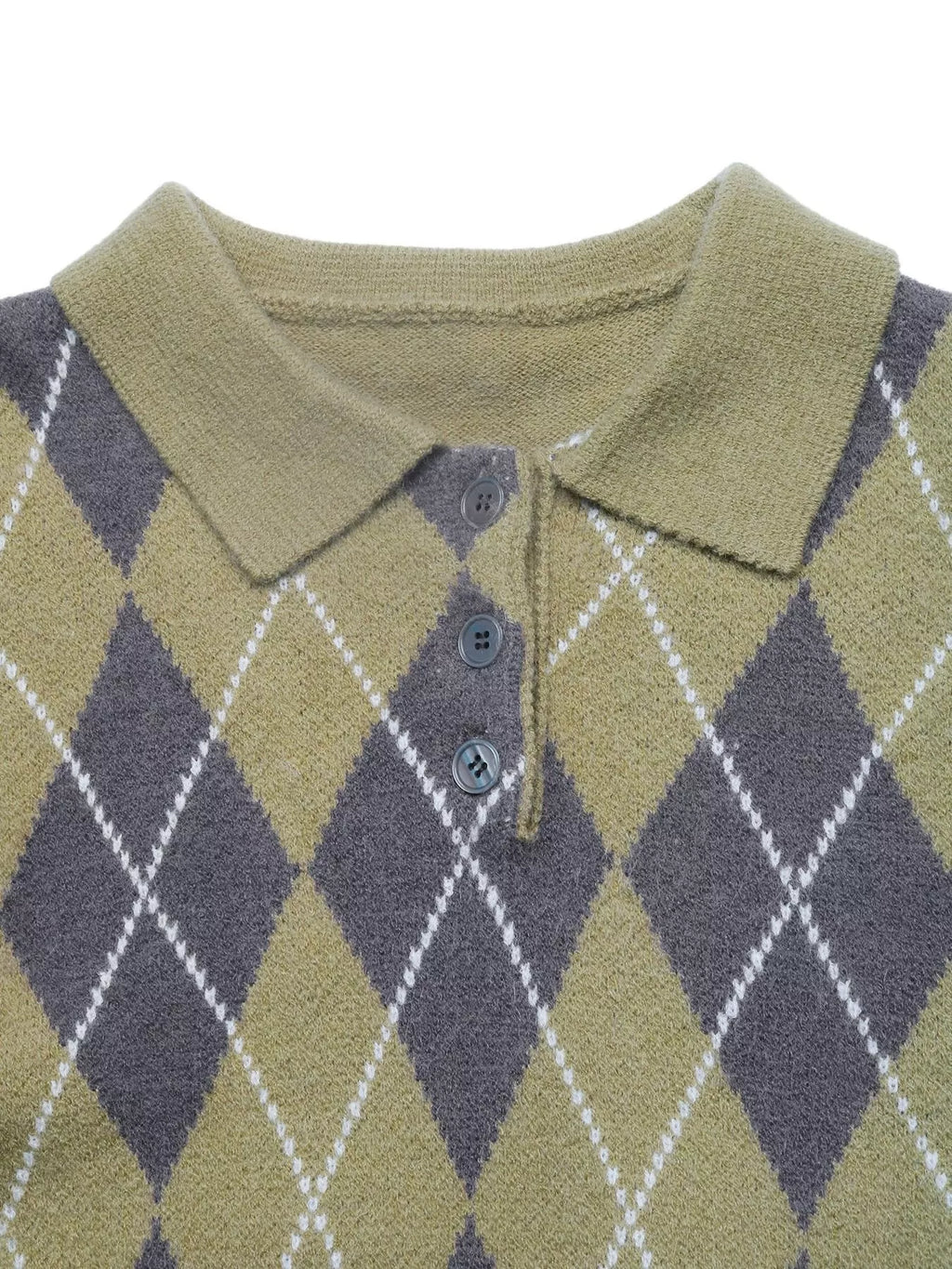 Prep School argyle cropped polo sweater in olive green polo collar and placket detail