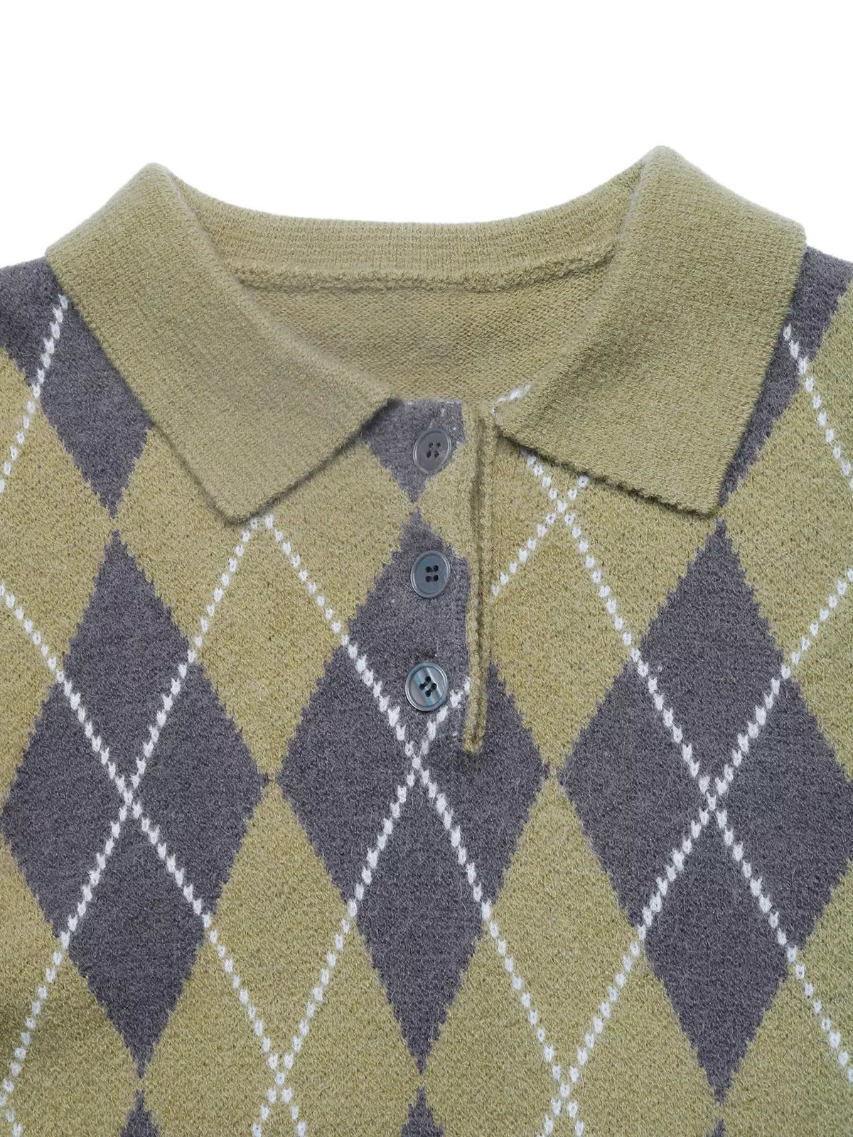 Prep School argyle cropped polo sweater in olive green polo collar and placket detail