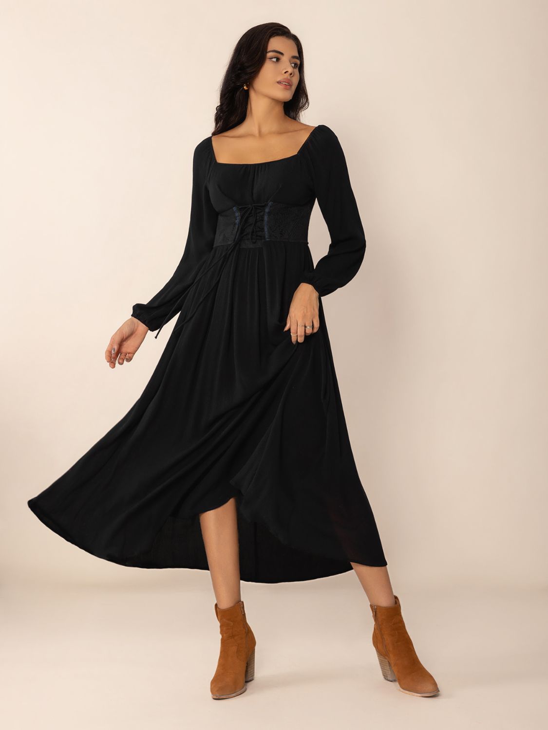 long-sleeve squareneck midi dress ASOS DESIGN square neck softline long sleeve midi dress in black