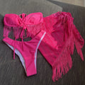 Tasseled mesh three-piece bikini set in rose red by Pinup Girl Clothing.