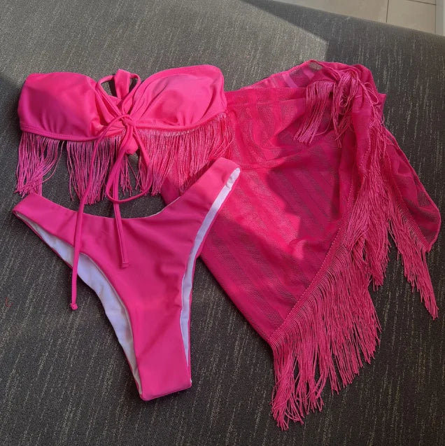 Tasseled mesh three-piece bikini set in rose red by Pinup Girl Clothing.