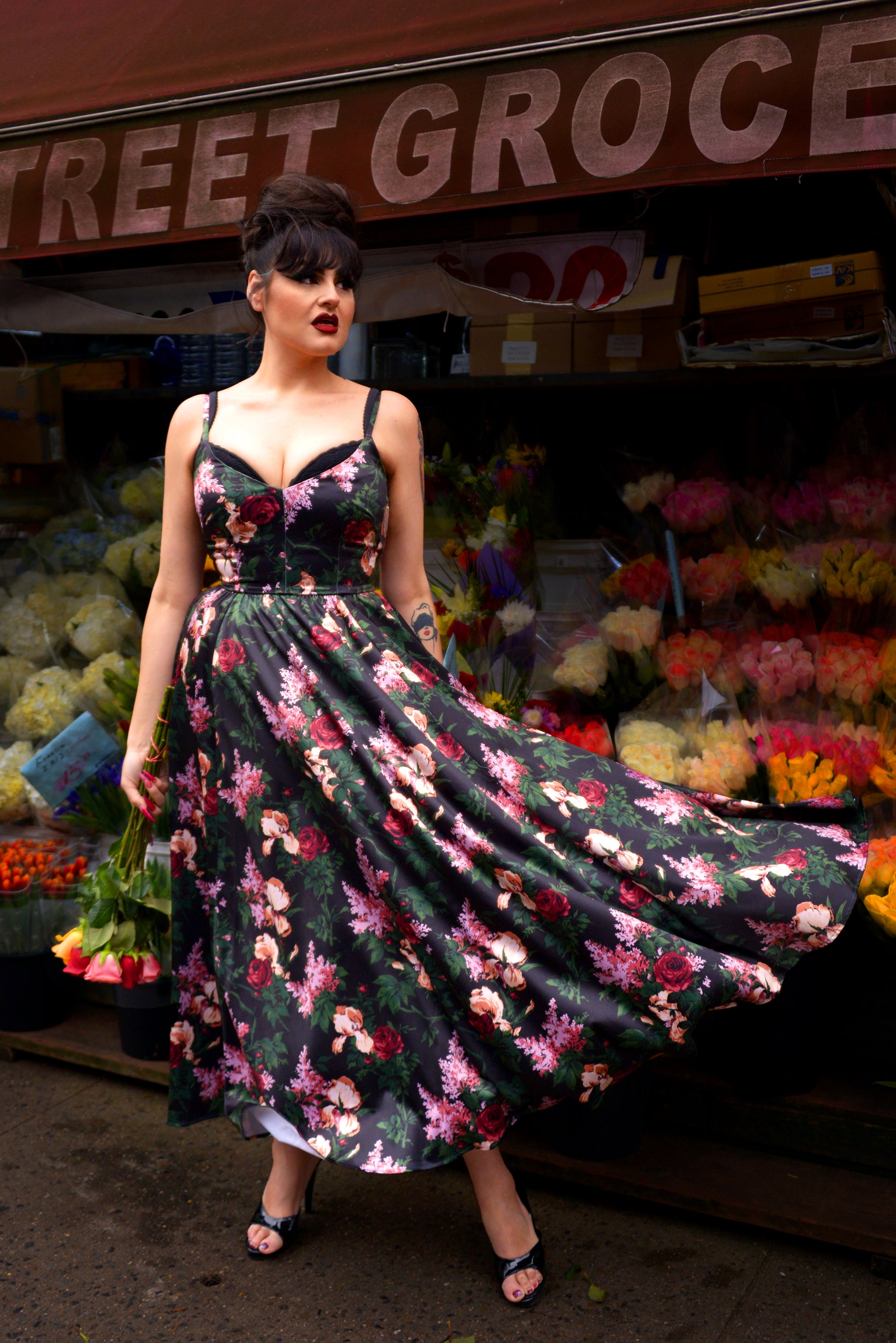 Amalie Ballerina daytime maxi gown in the Dark Bella Roses floral print, front view