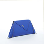 Angelica cobalt blue crosshatched leather clutch with a diagonal flap and removable chain strap, by Pinup Girl Clothing