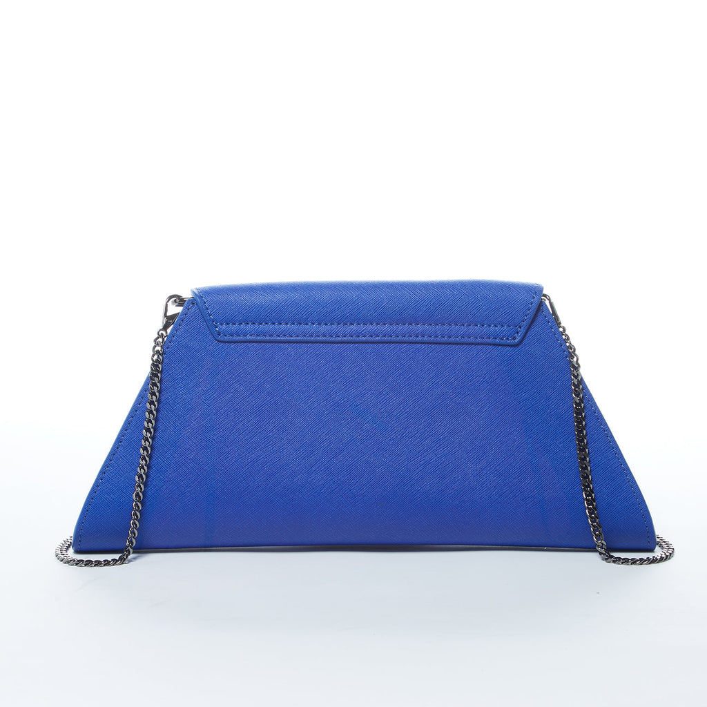 Angelica cobalt blue crosshatched leather clutch with a diagonal flap and removable chain strap, by Pinup Girl Clothing