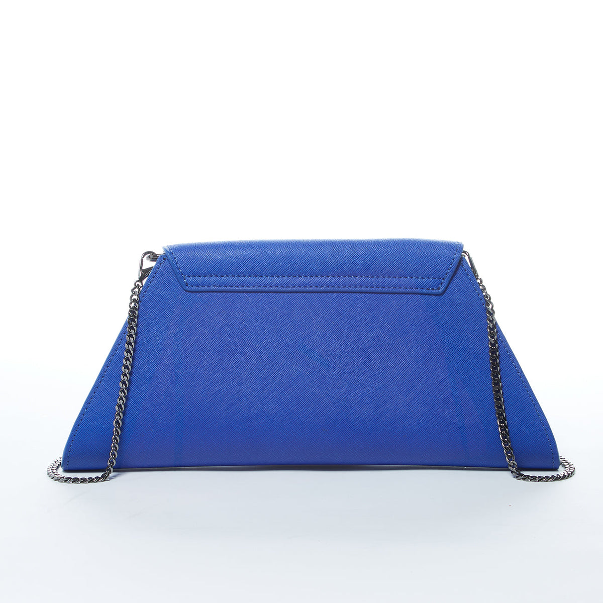 Angelica cobalt blue crosshatched leather clutch with a diagonal flap and removable chain strap, by Pinup Girl Clothing