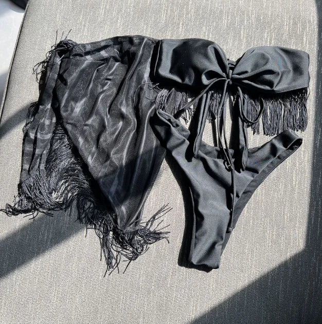 Tasseled mesh three-piece bikini set in black by Pinup Girl Clothing.