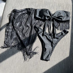 Tasseled mesh three-piece bikini set in black by Pinup Girl Clothing.