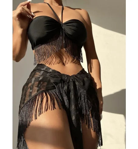 Tasseled mesh three-piece bikini set by Pinup Girl Clothing, in black, white, or rose red, sizes S to L.