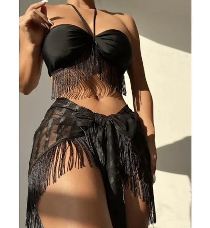 Tasseled mesh three-piece bikini set by Pinup Girl Clothing, in black, white, or rose red, sizes S to L.