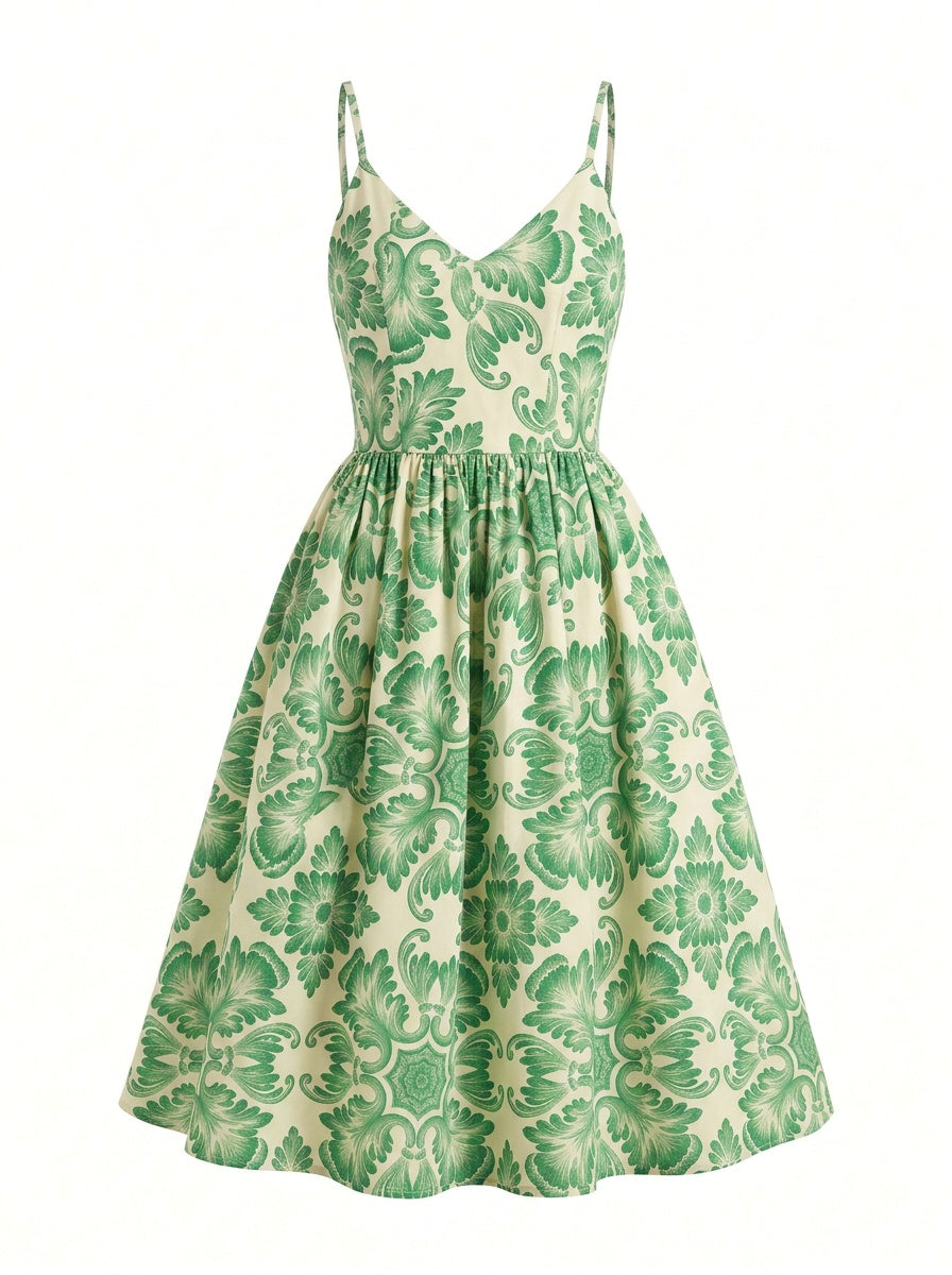 Amalie 70s ballerina swing dress in green Noto tile print with full pocketed skirt