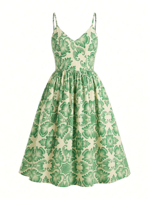 Amalie 70s ballerina swing dress in green Noto tile print with full pocketed skirt