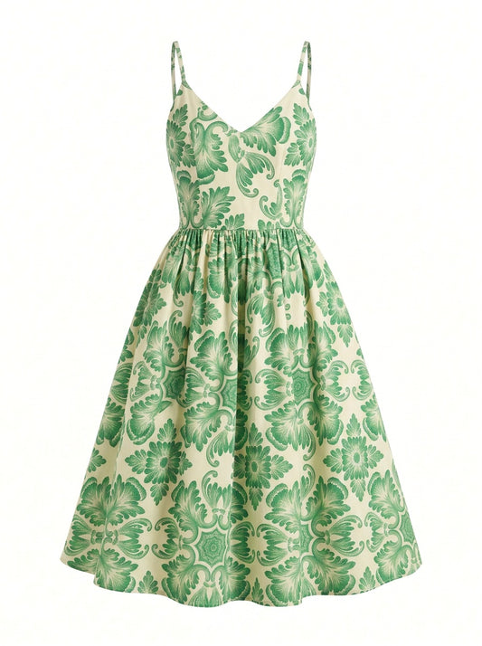 Amalie Ballerina 70's Style Swing Dress in Green Noto Tile