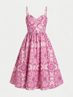 Amalie Ballerina 70's Style Swing Dress in Pink Noto Tile