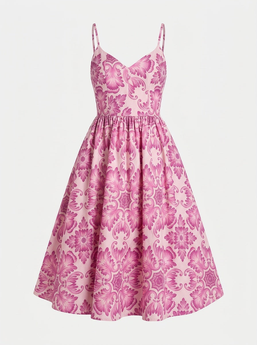 Amalie Ballerina 70's Style Swing Dress in Pink Noto Tile