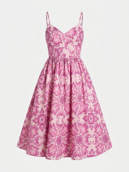 Amalie Ballerina 70's Style Swing Dress in Pink Noto Tile