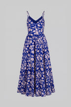 Amalie ballerina daytime maxi gown in blue and white capri floral crepe, shown on a ghost mannequin