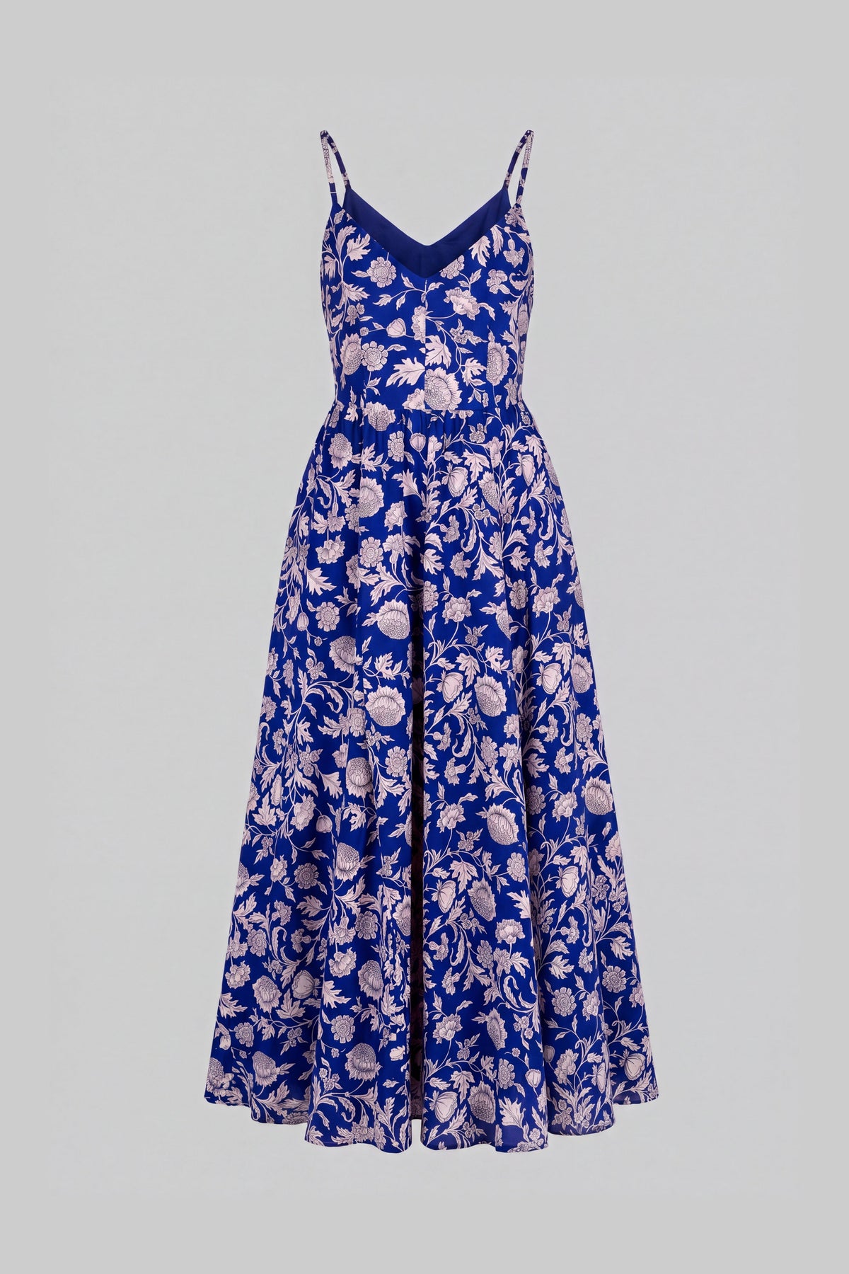 Amalie ballerina daytime maxi gown in blue and white capri floral crepe, shown on a ghost mannequin