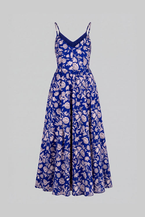 Amalie ballerina daytime maxi gown in blue and white capri floral crepe, shown on a ghost mannequin