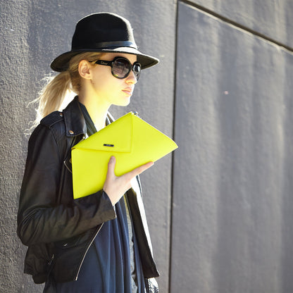 Angelica Leather Clutch in Electric Yellow