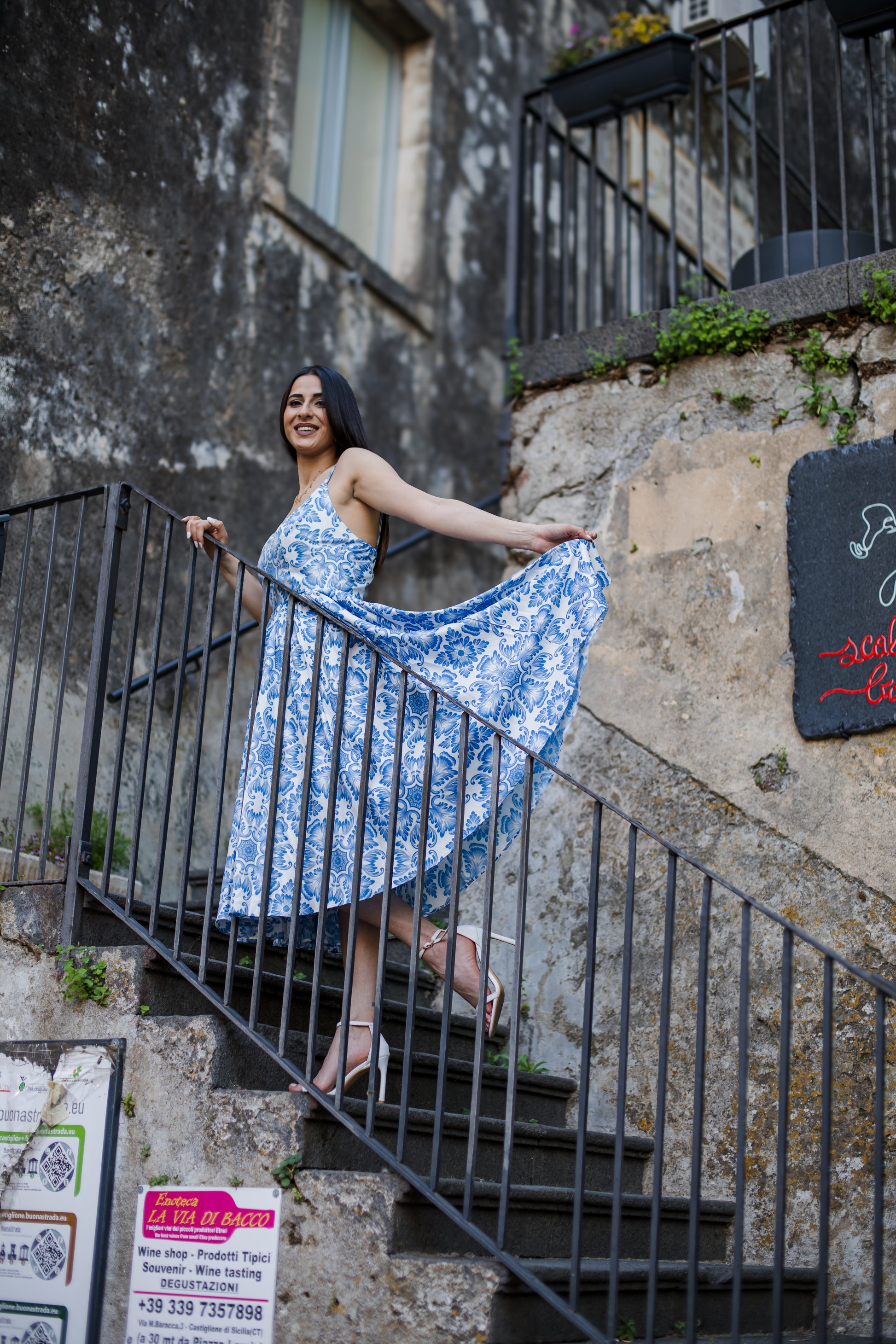 Amalie 70s Swing Dress in Blue Noto Tile