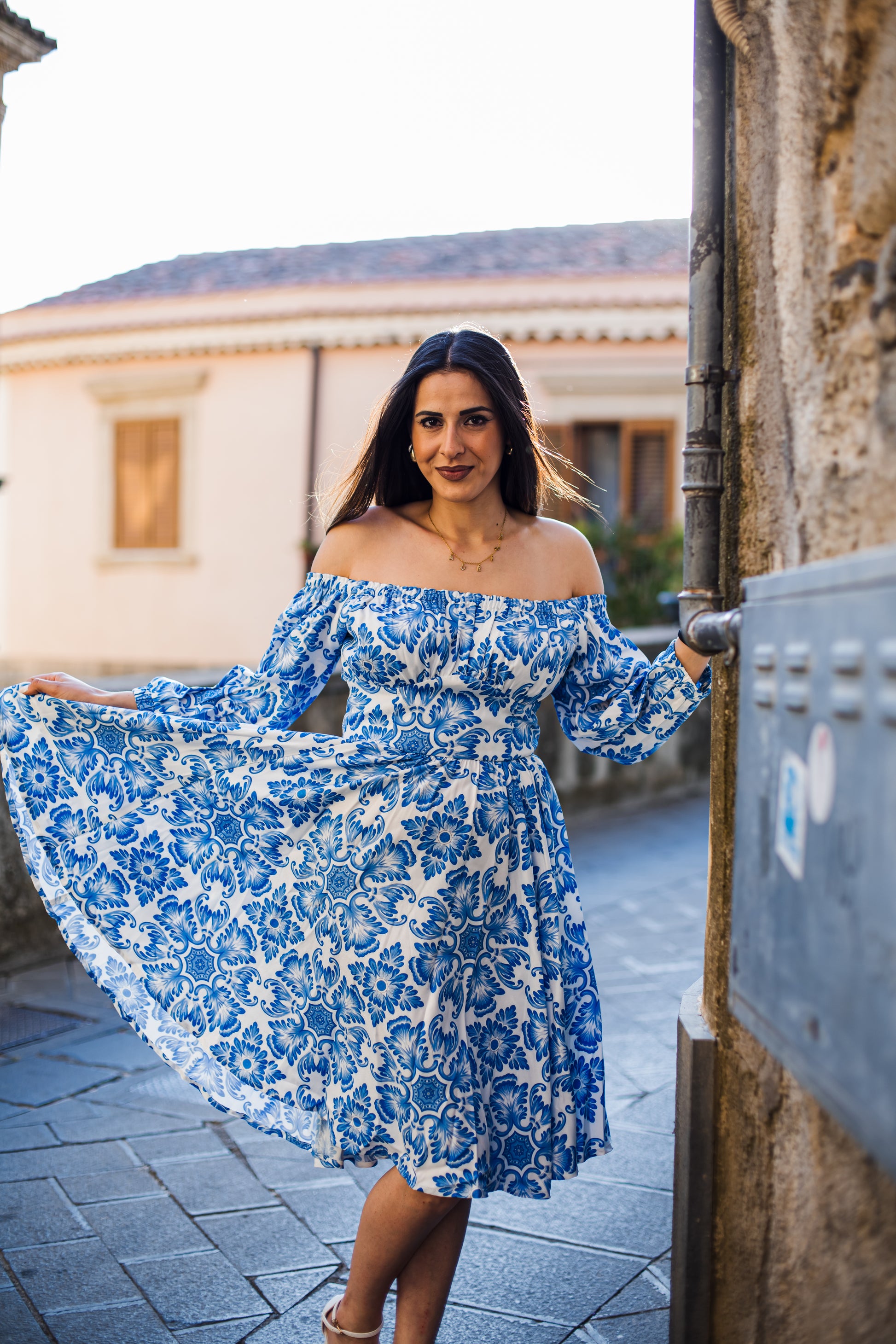 Marie-Therese Blue Noto Tile Peasant Dress