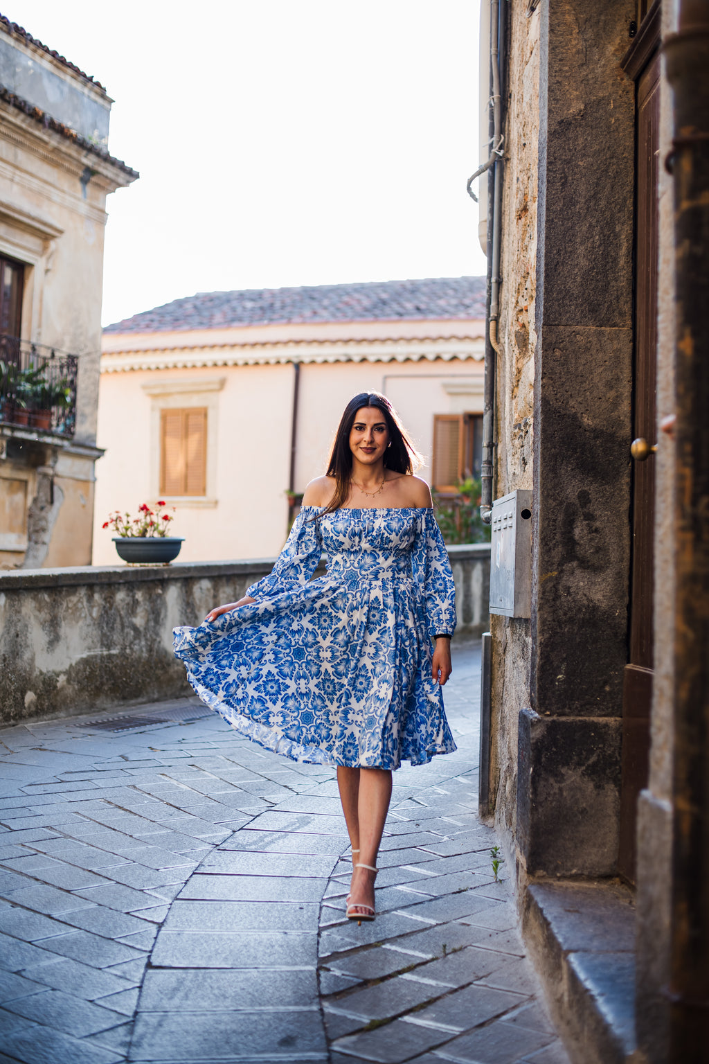 Marie-Therese Peasant Dress in Blue Noto Tile