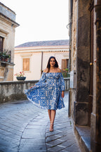 Marie-Therese Peasant Dress in Blue Noto Tile