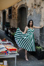 Amalie Ballerina 70's Style Swing Dress in Green & White Mark Stripe Crepe