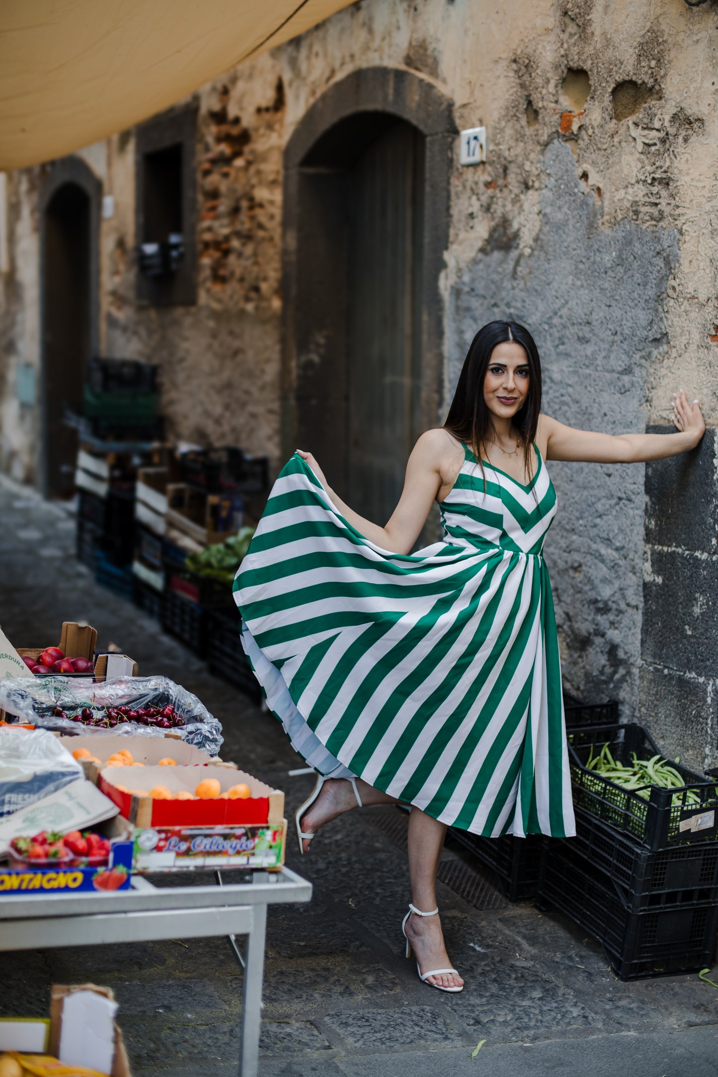 Amalie Ballerina 70's Style Swing Dress in Green & White Mark Stripe Crepe